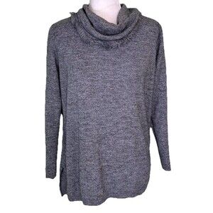 Womens Heather Gray Cowl Neck Tunic Sweater Fringe Trim Cozy Minimalist Casual M